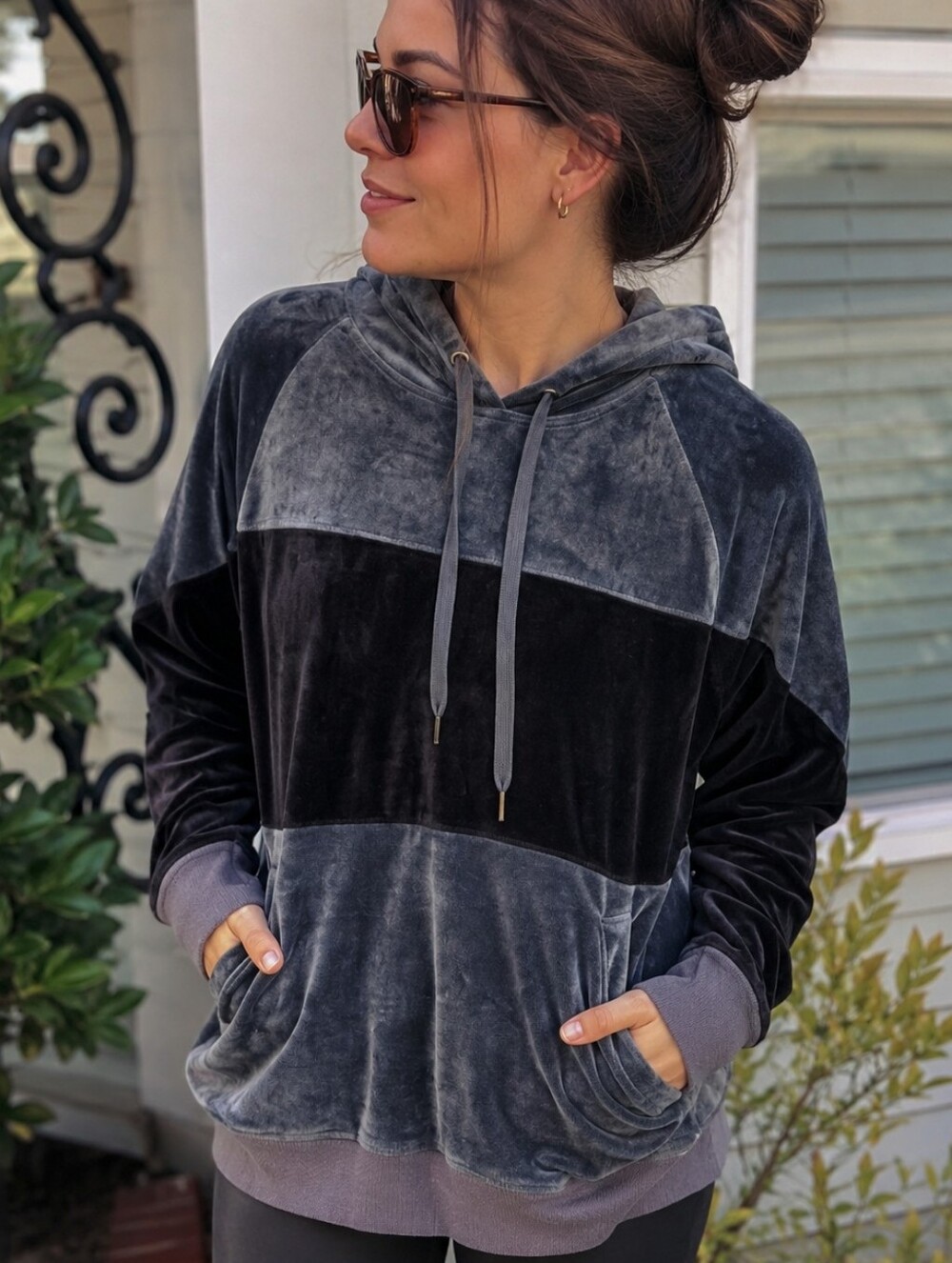 Champion Elite Velour Hoodie S Grey Black Colorblock Front Pockets Ribbed Trim